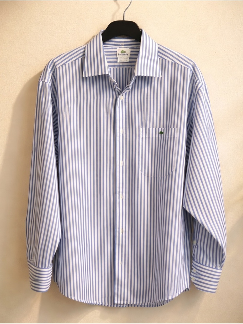 Lacoste Men's Light Blue and White Vertical Stripe Dress Shirt